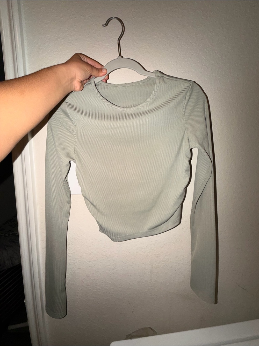 Long Sleeve Ribbed Crop Top - Sage Green